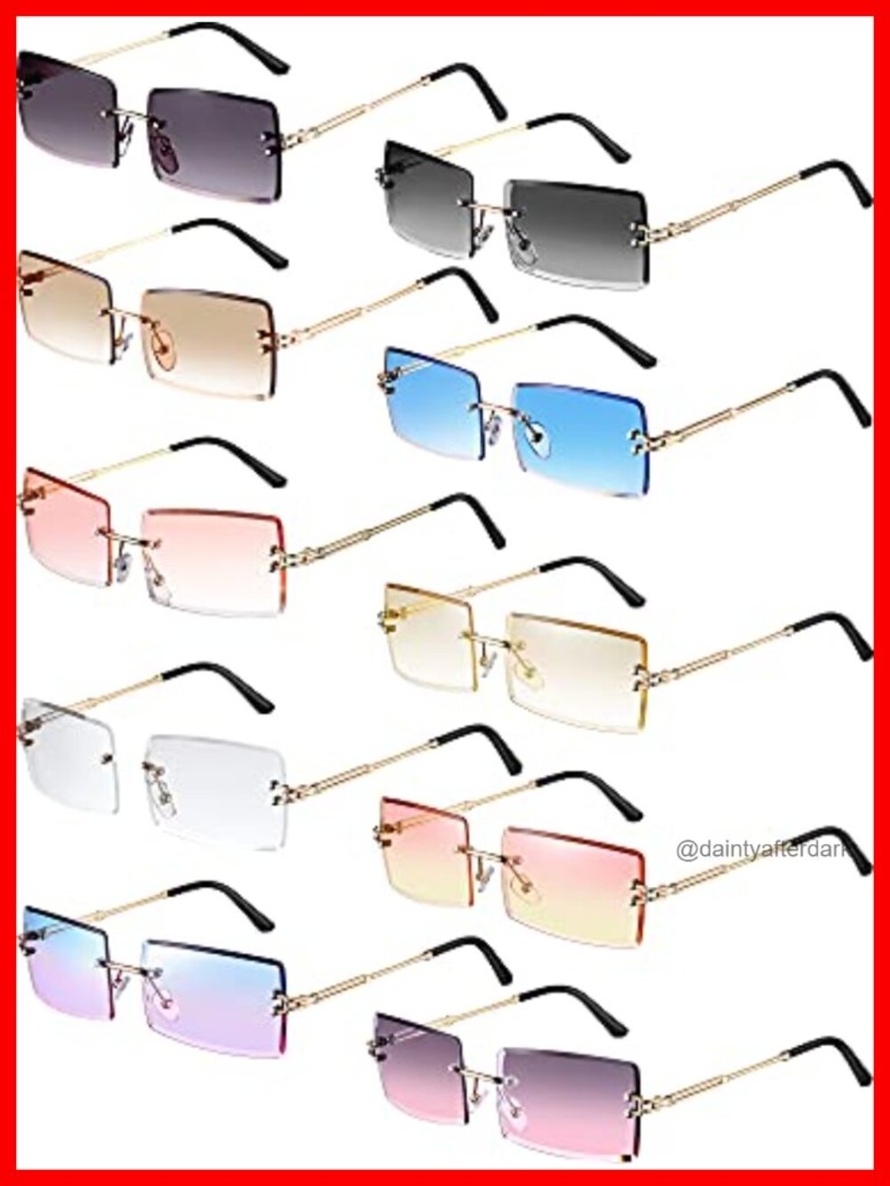 10 Pk Rimless Rectangle Y2K Sunglasses Metal Frame Polarized Unisex Eyewear